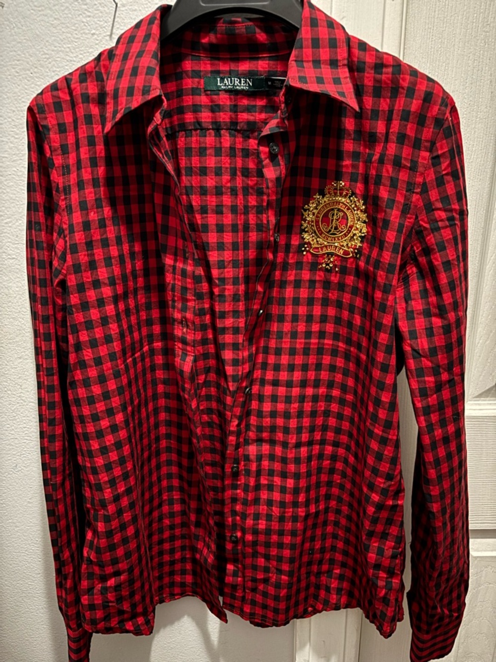 Ralph Lauren Red and Black Plaid Button-Down Shirt with Gold Crest